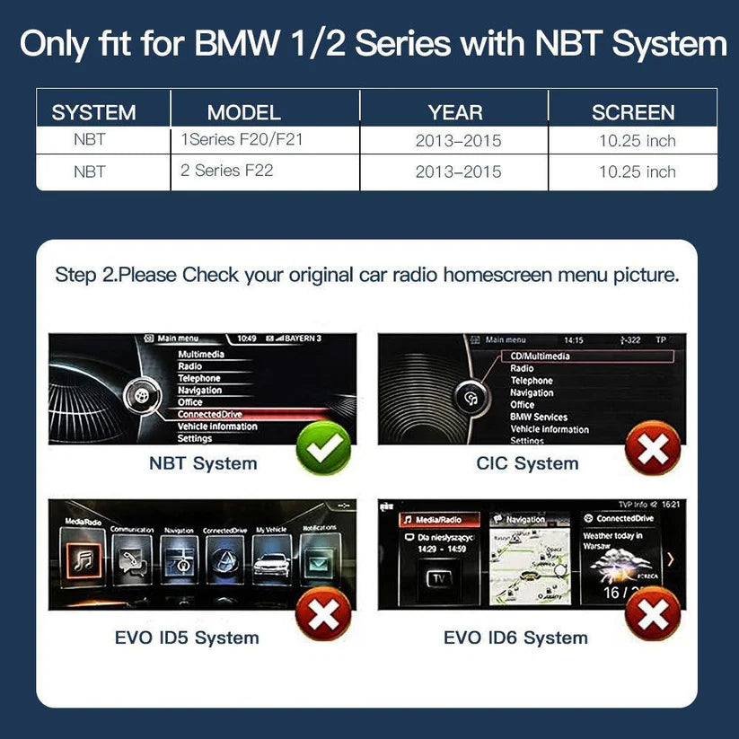 Linux screen for BMW 1/2er F20 F21 with NBT CarPlay Android Auto 10.25"